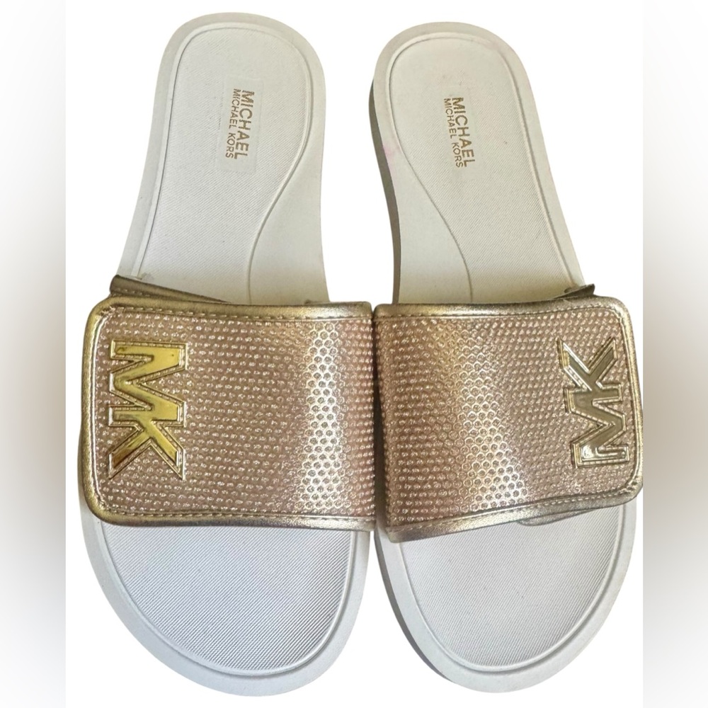 Michael Kors MK Logo Slides – Gold/White – Women’s Size 7.5M – NWT